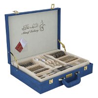 A set of gold-patterned steel spoons with a blue leather bag 72 pieces product image