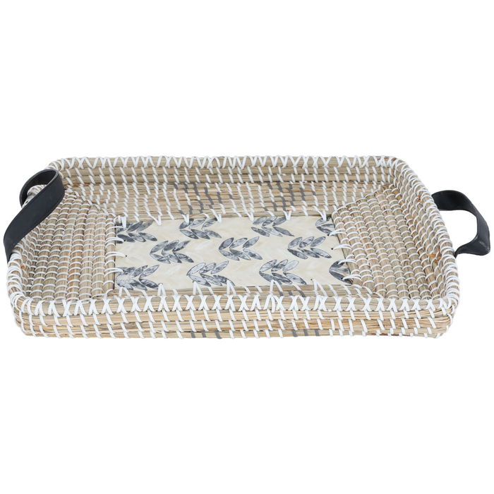 Beige rectangular wicker raft with leather hand image 2