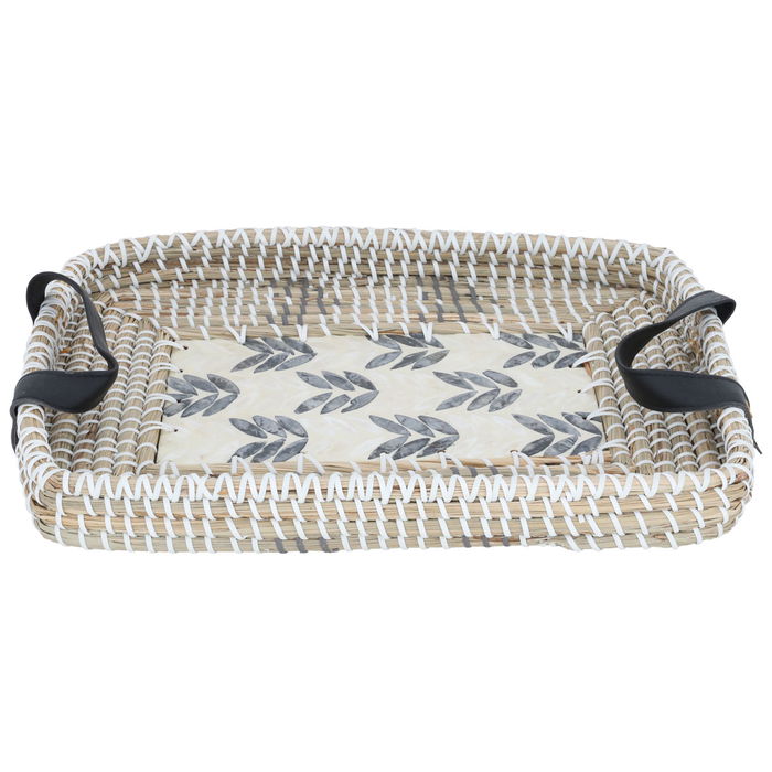 Beige rectangular wicker raft with leather hand image 2