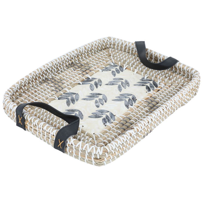 Beige rectangular wicker raft with leather hand image 1