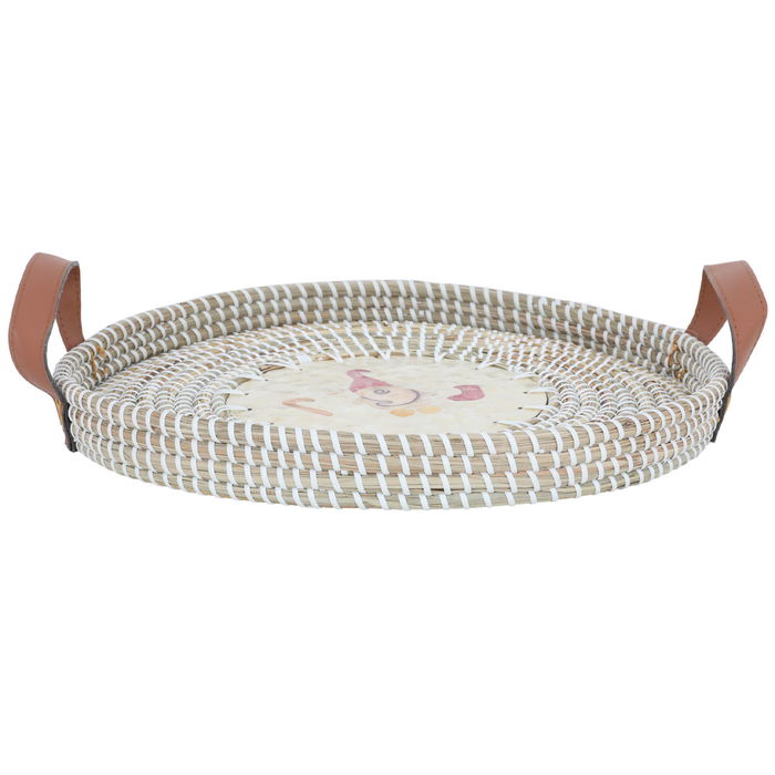 Beige round wicker raft with brown leather hand image 2