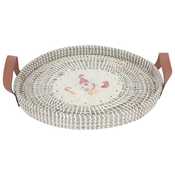 Beige round wicker raft with brown leather hand image 1