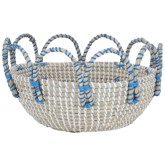 Beige round wicker raft with blue hand image 2