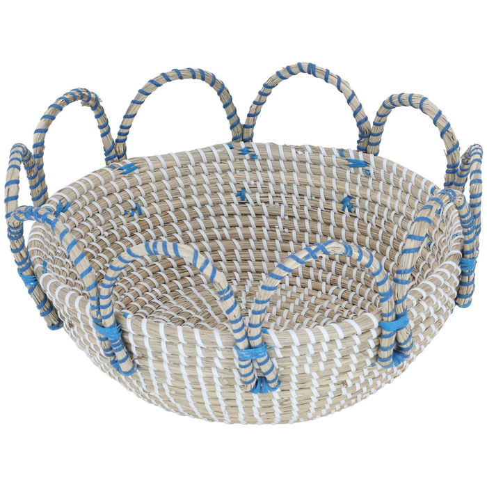 Beige round wicker raft with blue hand image 1