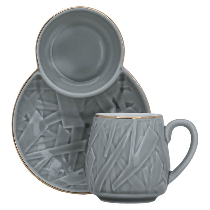 Light grey coffee cups set patterned with golden line with dessert plate 12 pieces image 1