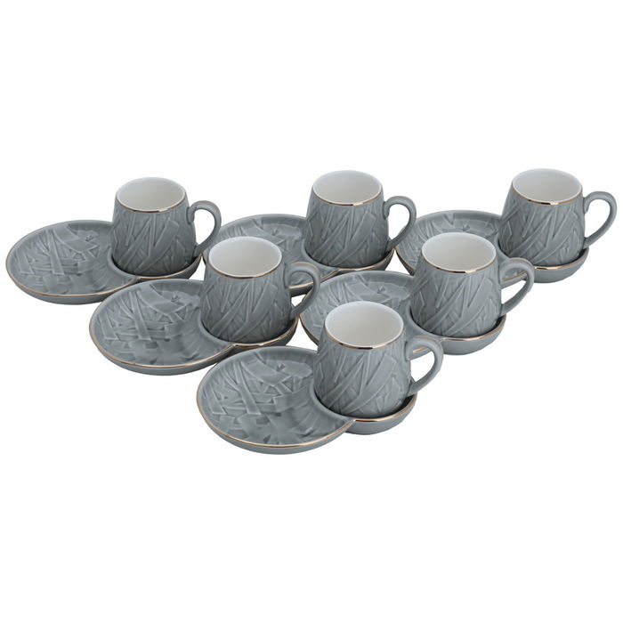 Light grey coffee cups set patterned with golden line with dessert plate 12 pieces image 2