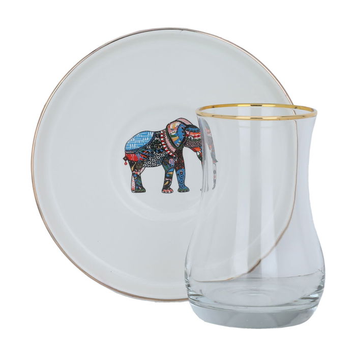 A set of glass tea cans with a white elephant-patterned saucer, 12 pieces image 1