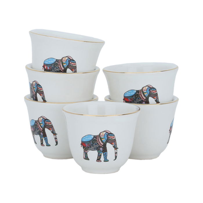 A set of white Arabic coffee cups with elephant pattern, 6 pieces image 1