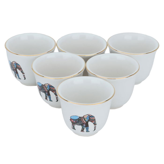 A set of white Arabic coffee cups with elephant pattern, 6 pieces image 2