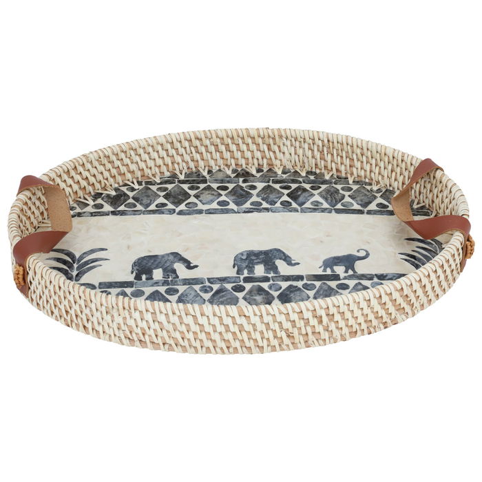 Tofferia wicker oval beige elephant pattern with medium brown leather image 2