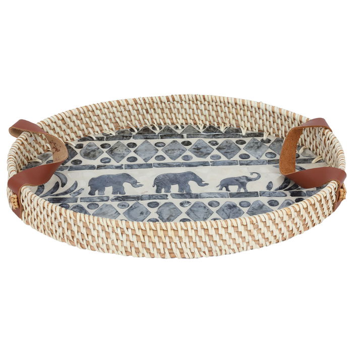 Tofferia wicker oval beige elephant pattern with small brown leather image 2