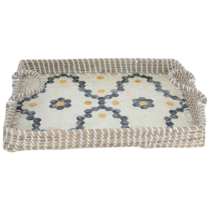 Raffia Rectangular wicker beige blue hexagonal pattern medium hand image 2