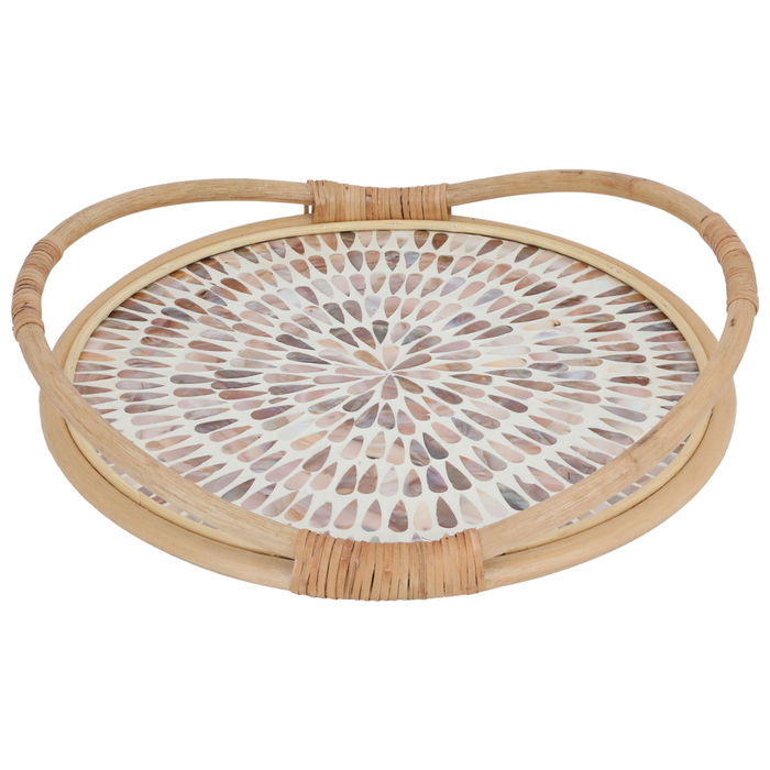 Tofferia Beige Round Wicker Brown Seashell Pattern Small Hand image 2