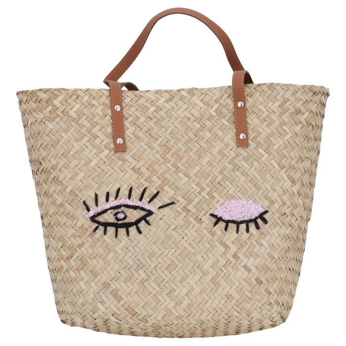 Beige wicker bag with brown eye shape image 1