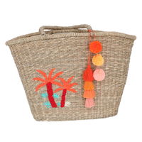 Beige wicker bag in the shape of a palm tree with a hand product image