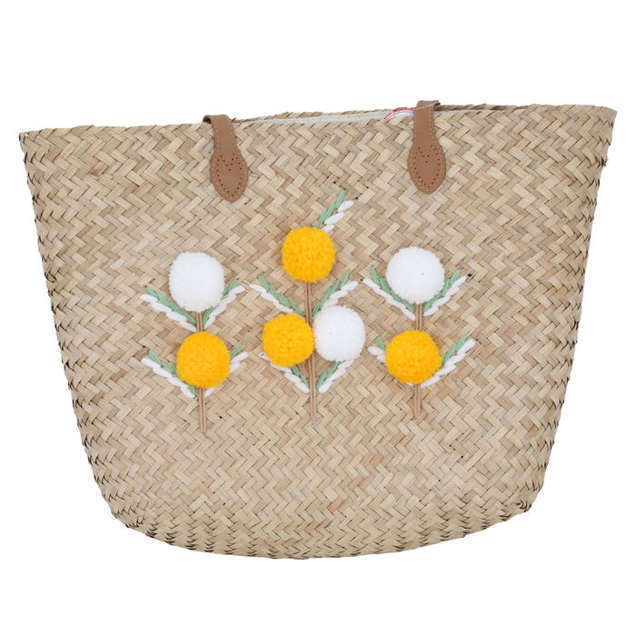 Beige wicker bag rose white yellow with brown hand image 1