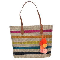 Beige wicker bag with colored stripes in brown hand product image