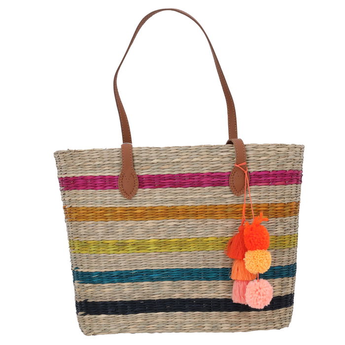 Beige wicker bag with colored stripes in brown hand image 1