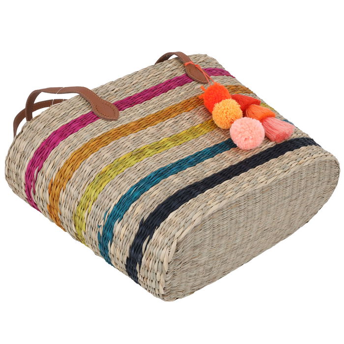 Beige wicker bag with colored stripes in brown hand image 2