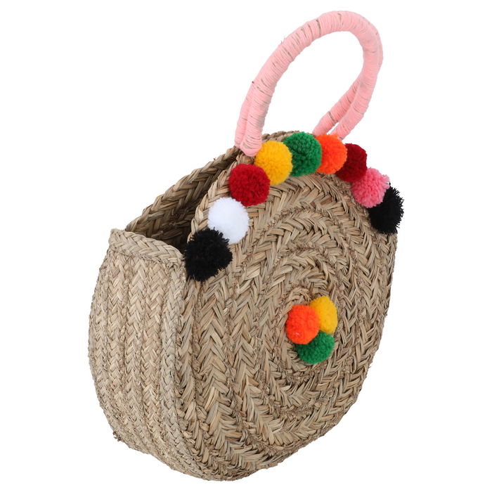 Beige wicker bag round colored circles with pink hand image 2