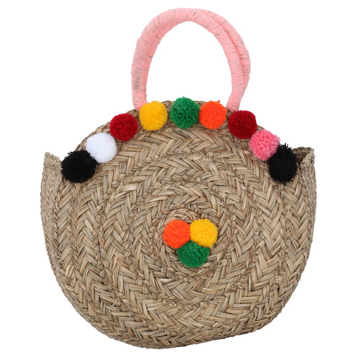 Beige wicker bag round colored circles with pink hand image 1