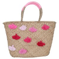 Beige wicker bag with colorful patterns in pink hand product image