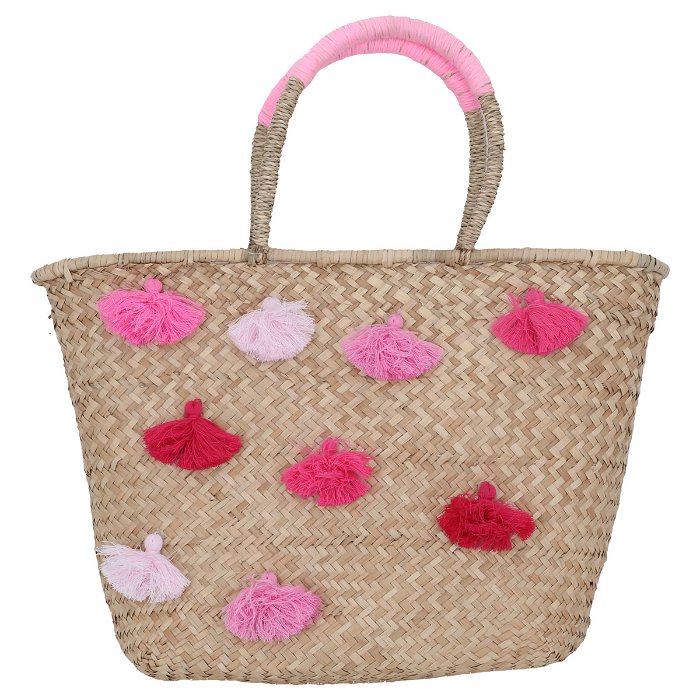 Beige wicker bag with colorful patterns in pink hand image 1