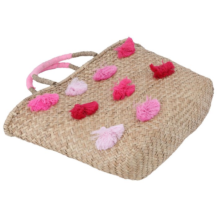 Beige wicker bag with colorful patterns in pink hand image 2