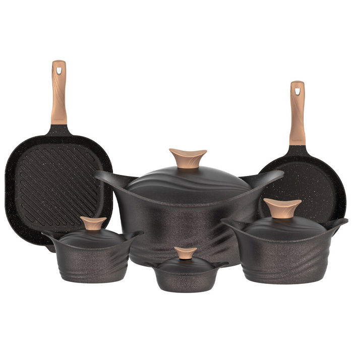 Black Titanium Granite Pot Set Wooden Handle 14 Pcs image 1