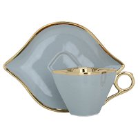 A set of gray and gold ceramic coffee cups and saucers, 12 pieces product image