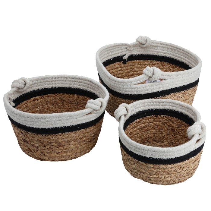 Brown White Black Round Cotton Basket Set with Handle 3 Pieces image 1