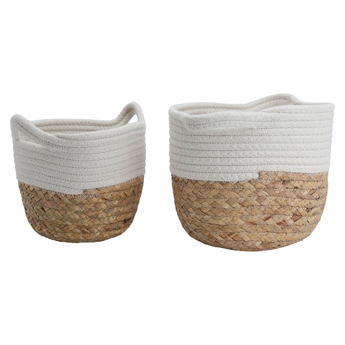Brown and white round cotton basket set with two handles image 1