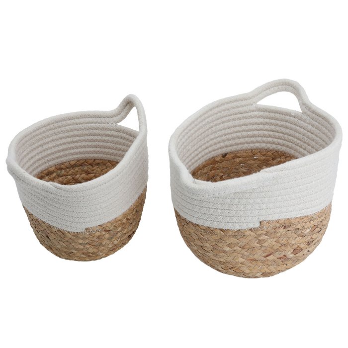 Brown and white round cotton basket set with two handles image 2