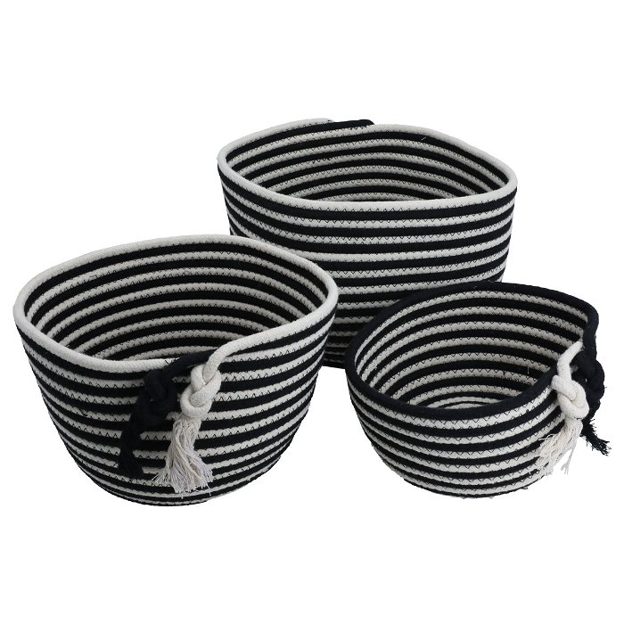 Black stripes circular cotton baskets set of 3 pieces image 1