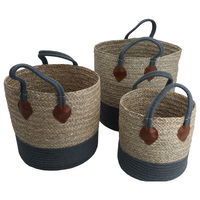 Gray Beige Round Cotton Basket Set With Handle 3 Pieces product image