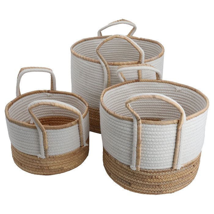 Beige white round cotton basket set with handle 3 pieces image 1