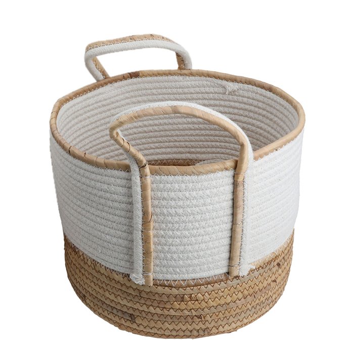 Beige white round cotton basket set with handle 3 pieces image 3
