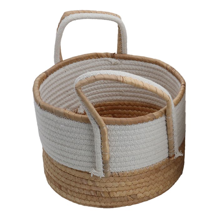Beige white round cotton basket set with handle 3 pieces image 4