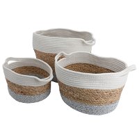 Gray Brown White Round Cotton Basket Set With Handle 3 Pieces product image
