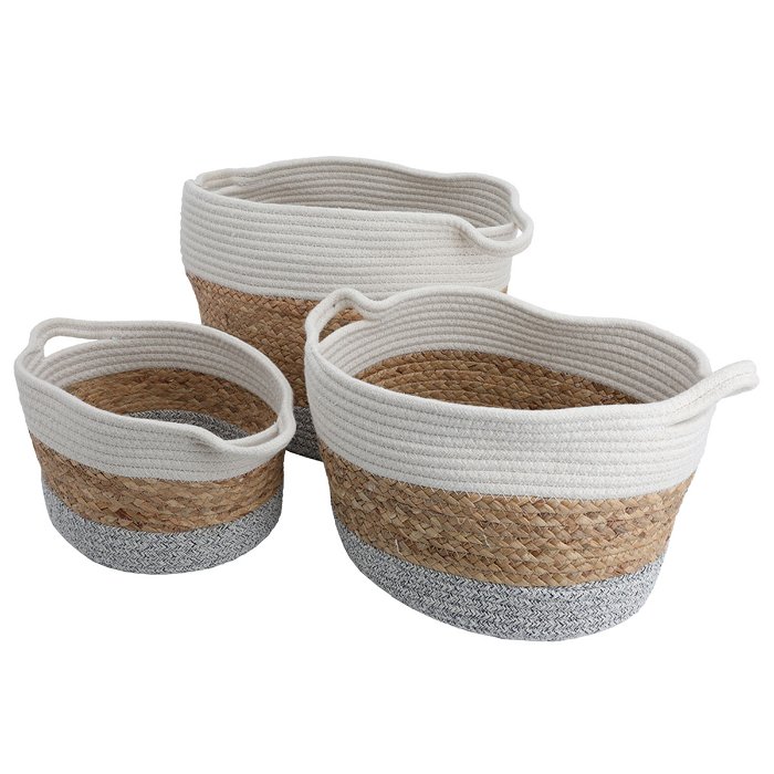 Gray Brown White Round Cotton Basket Set With Handle 3 Pieces image 1