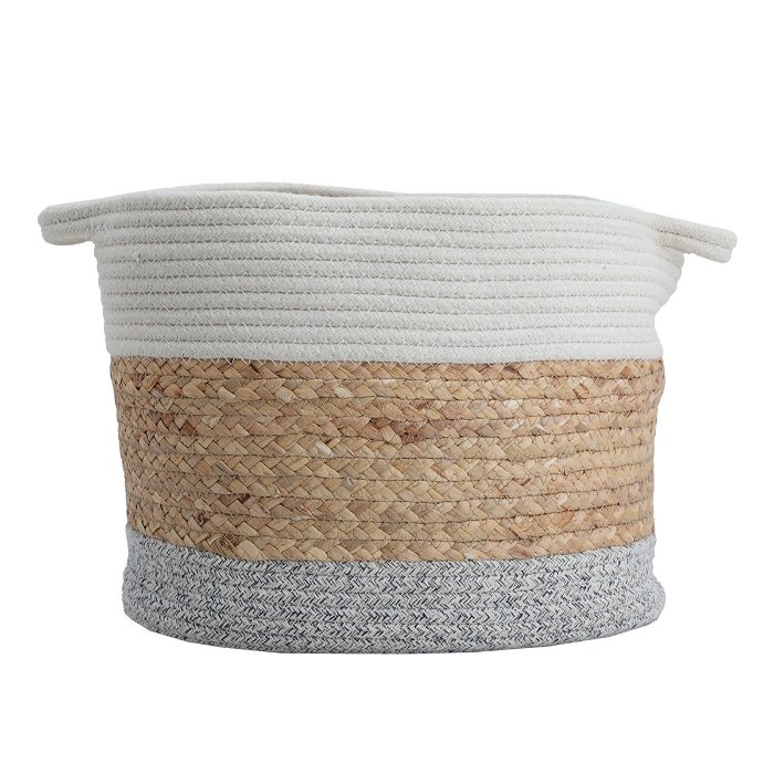Gray Brown White Round Cotton Basket Set With Handle 3 Pieces image 2