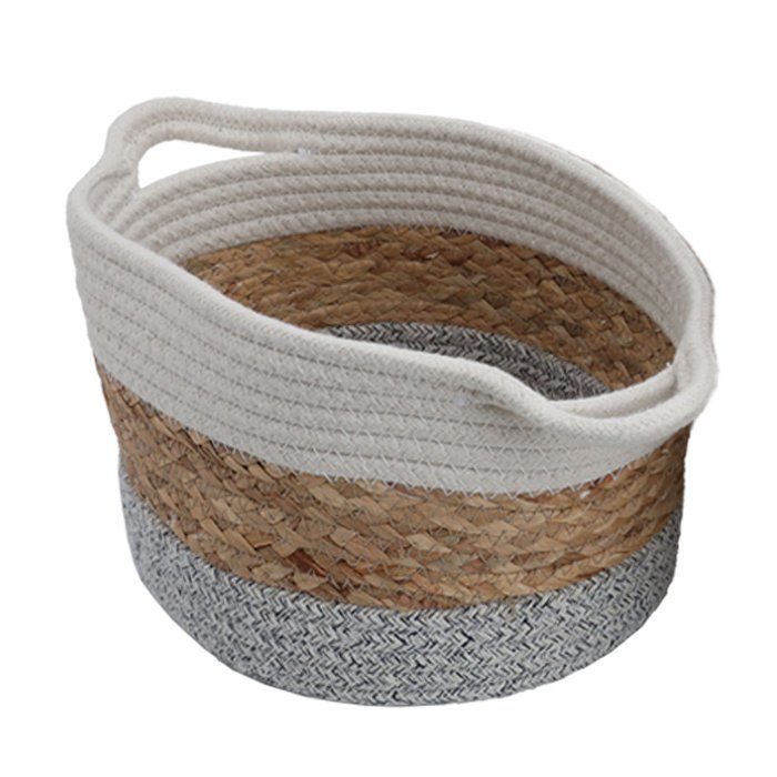 Gray Brown White Round Cotton Basket Set With Handle 3 Pieces image 4