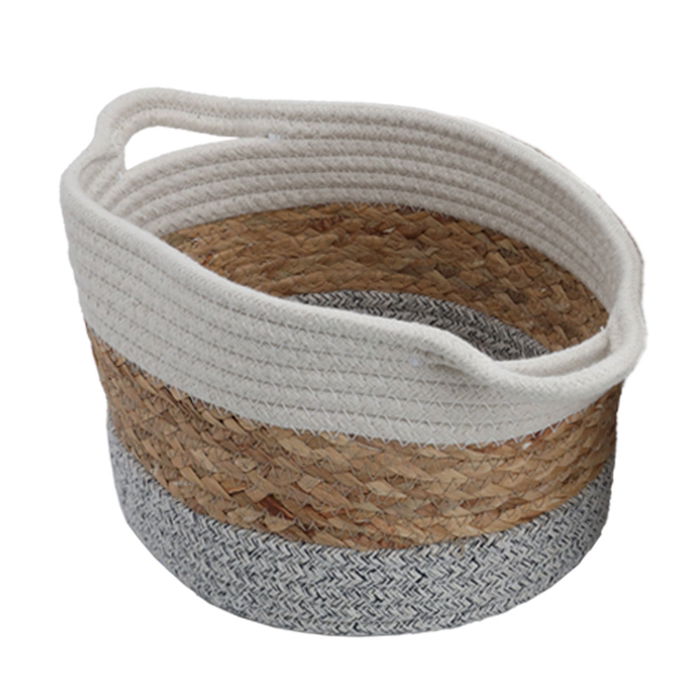 Gray Brown White Round Cotton Basket Set With Handle 3 Pieces image 4