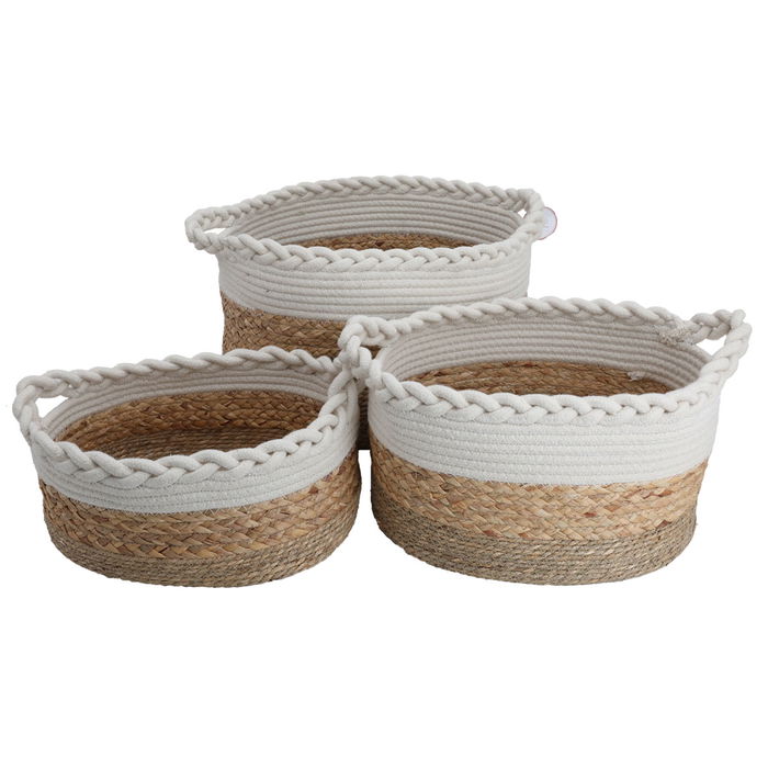 Brown and white round cotton basket set with handle 3 pieces image 1