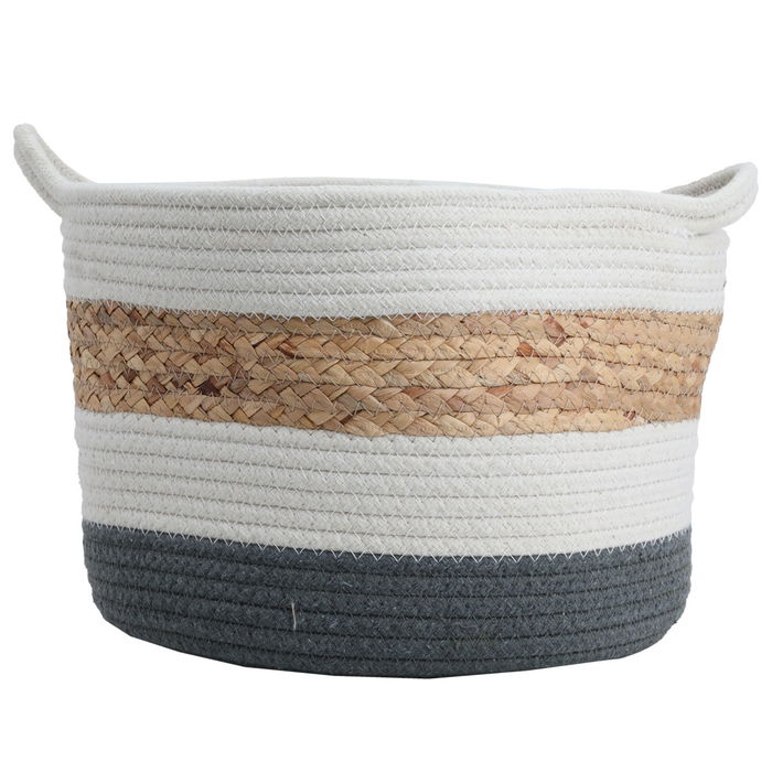 Gray Beige White Round Cotton Basket Set with Handle 3 Pieces image 2