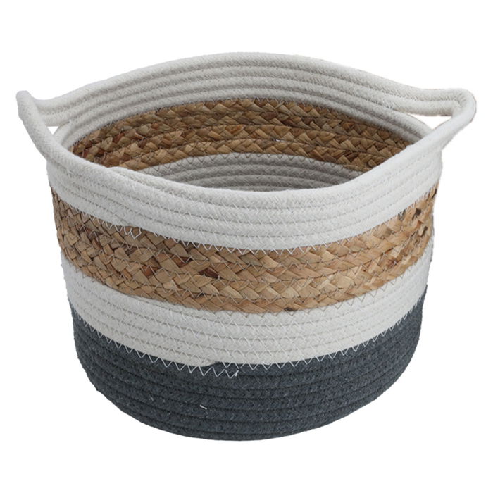 Gray Beige White Round Cotton Basket Set with Handle 3 Pieces image 3