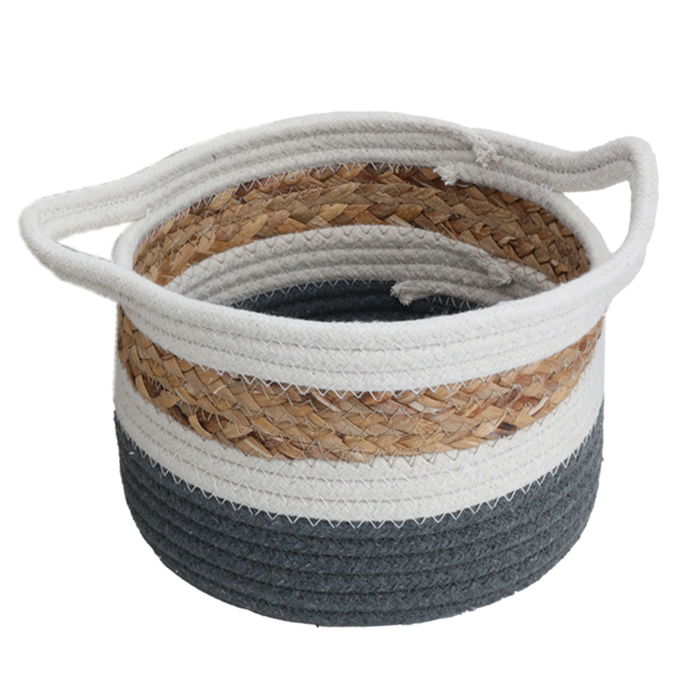 Gray Beige White Round Cotton Basket Set with Handle 3 Pieces image 4