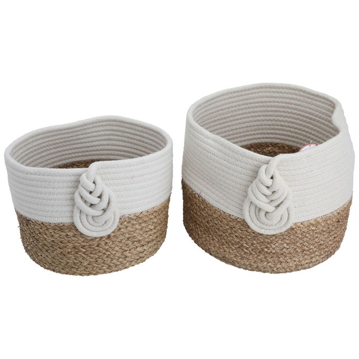 A set of two-piece brown and beige round cotton baskets with handle image 2