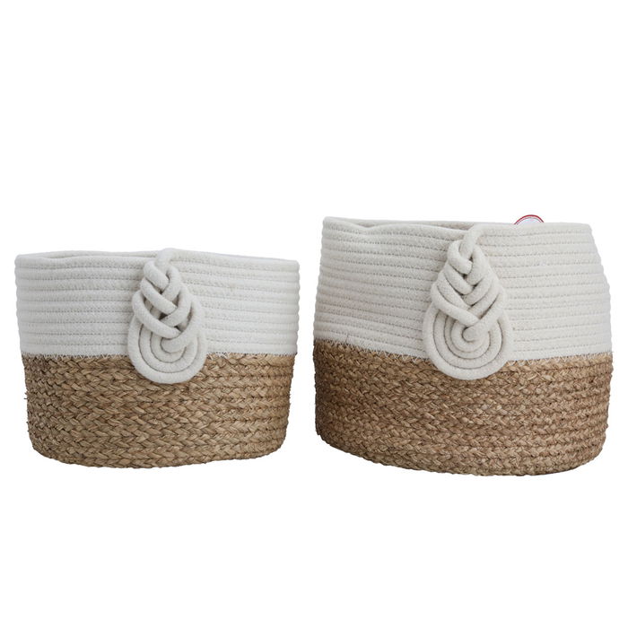 A set of two-piece brown and beige round cotton baskets with handle image 1