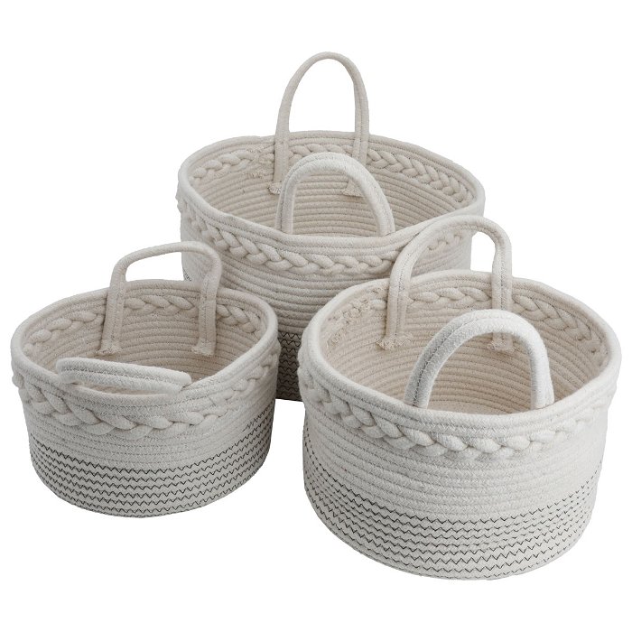 Beige round cotton baskets with handle, 3 pieces set image 1